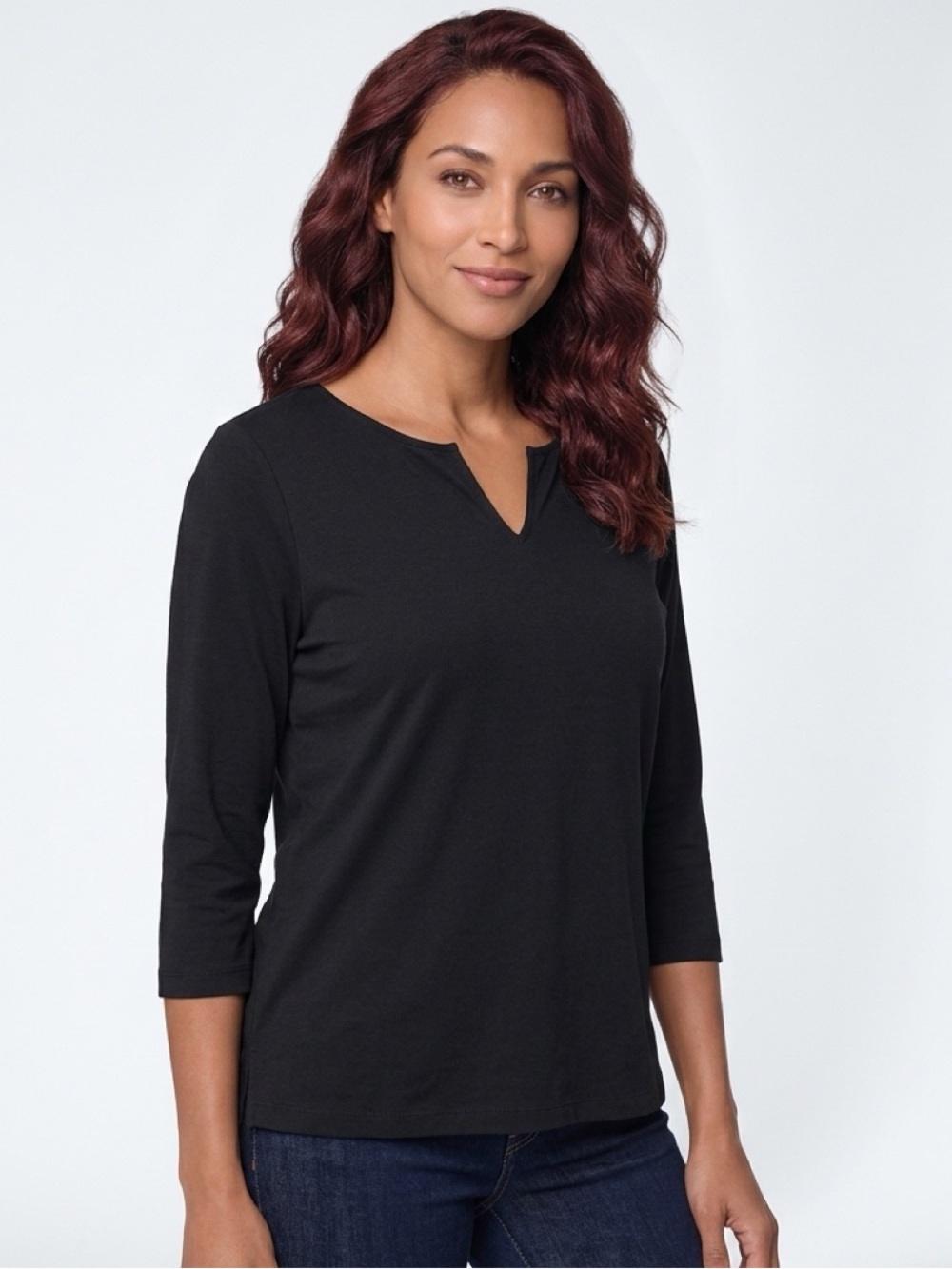L.L.Bean Women's 3X Plus Black Supima Cotton Split Neck Top